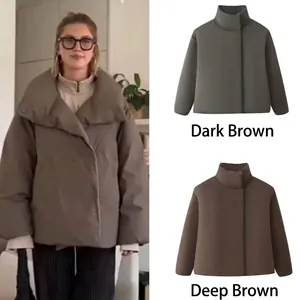 Giacca Puffer Donna Collo Alto Cotone Poliestere Corta Oversize Tinta Unita Bottoni Nascosti Capospalla Caldo Casual