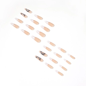 Classic French tip coffin press-on nails with elegant black butterfly nail art designs