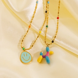 Cute Balloon Dog Smiley Face Pendant Necklace Stainless Steel Gold Plated Colorful Enamel Bead Chain For Women Sweet Style