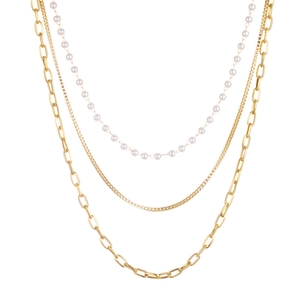Three-layer 18K gold plated stainless steel necklace featuring pearls and paperclip chain