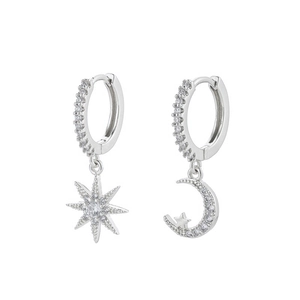 Asymmetric S925 silver star and moon drop earrings with sparkling pavé cubic zirconia