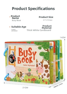 Detailed size specifications and dimensions for the alphabet themed early learning busy book