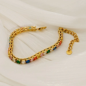Colorful square zircon tennis bracelet in gold stainless steel with adjustable lobster clasp