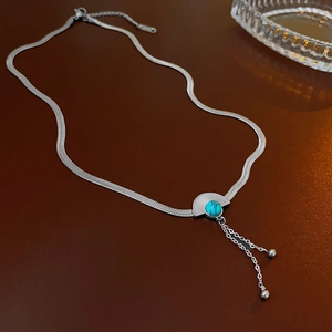 Retro Fächerförmige Anhänger Halskette Edelstahl Schlangenkette Künstlicher Türkis Quaste Schmuck Für Damen