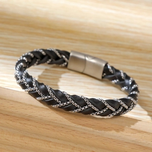 Detail of woven black microfiber leather and silver stainless steel magnetic clasp