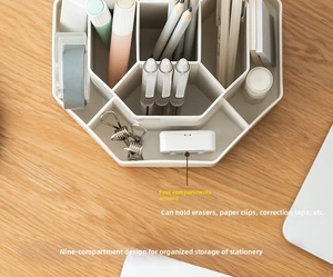 Detail view of nine-compartment rotating desk organizer with various stationery items