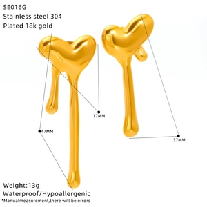 Detailed size specifications for 18k gold plated stainless steel heart drop earrings
