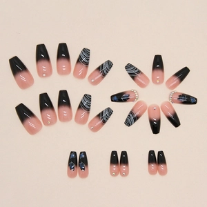 Long ballerina press-on nails with black pink gradient, blue butterfly and rhinestone accents