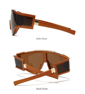 Side and back view of oversized shield sunglasses in glossy copper orange finish