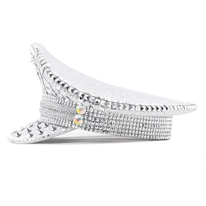 White military hat with silver studs, sequins, and iridescent gems for festivals