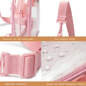Detail view of pink transparent PVC waist bag showing smooth zipper and sturdy buckle