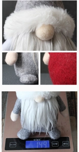 Detailed views of faceless Christmas gnome plush showing gray felt fabric and 149g weight
