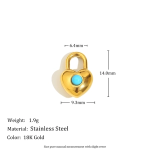 Detailed size specifications for heart pendant with 18K gold finish and blue stone