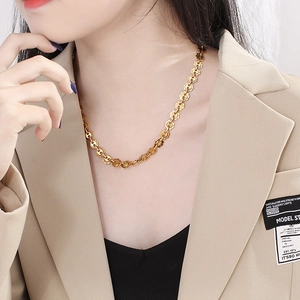 Detail of a gold interlocking chain necklace on a model with a professional look