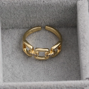 Golden micro-paved zircon double chain open ring for women in a velvet jewelry box