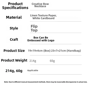 Detailed specifications of necklace jewelry gift box set with dimensions and material