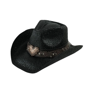 Classic black straw cowboy hat featuring heart metal buckle and rustic vintage design