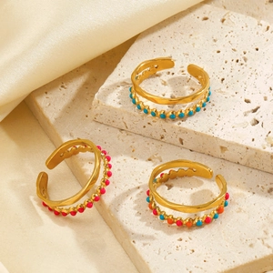 Layered Open Ring Stainless Steel Gold Plated Colorful Enamel Beads Adjustable Bohemian Style Jewelry For Women
