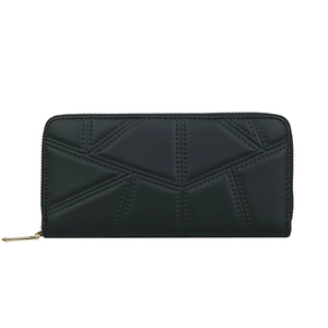 Black long PU leather wallet with geometric stitching and golden zipper closure for women