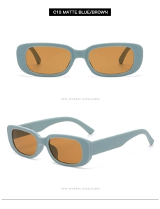 Detail of Matte Blue C16 sunglasses featuring brown lenses and retro rectangle frames