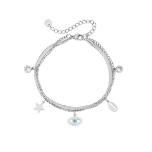 Detail of silver double-layer titanium steel bracelet with evil eye and star charms