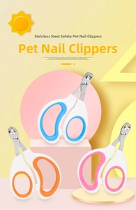 Detail view of colorful stainless steel pet nail clippers with safety hole for cats