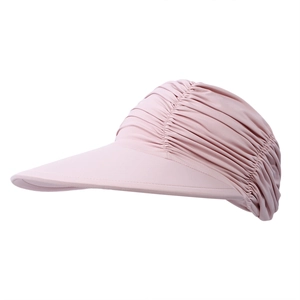 Detailed view of pink ruched wide-brim sun visor with lightweight cooling material