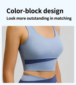 Détails du soutien-gorge de sport bleu bicolore en tissu fitness extensible et respirant