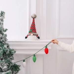 Christmas Gnome doll and festive knitted light bulb garland banner for home holiday decor