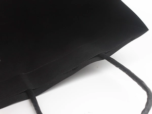 Detailed close-up of matte black paper gift bag with matching twisted paper rope handles