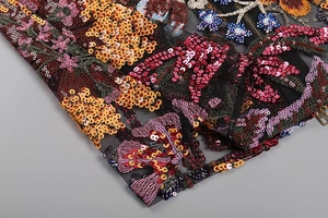 Close-up of intricate 3D floral embroidery with colorful sequins on black mesh fabric