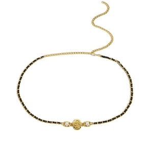 Elegant gold metal waist chain with black leather weave and lion head emblem decoration
