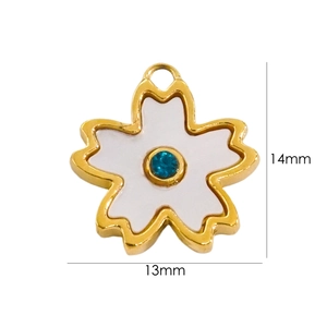 Macro detail of 14k gold cherry blossom flower pendant with 13mm and 14mm dimensions