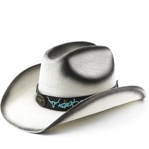 Western Cowboy Hat Wide Brim Woven Paper Straw Sun Protection Vintage Bull Head Badge Ethnic Jazz Style For Men Women
