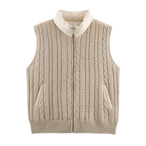 Women's Casual Cable Knit Stand Collar Zippered Vest Solid Color Sleeveless Padded Top For Autumn Winter