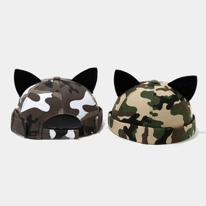 Camouflage Docker Hat Brimless Cap With 3D Cat Ears Polyester Adjustable Retro Hip Hop Streetwear Novelty