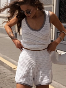 Women's white crochet knit two-piece set with grey trim U-neck top and shorts