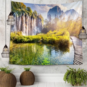 Detail of a large nature landscape tapestry featuring a waterfall and forest scenery