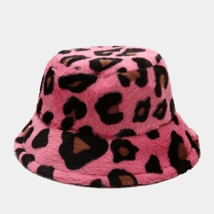 Close-up of pink leopard print faux fur texture on a warm winter bucket hat for women