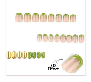 Detail of 3D French green press-on nails with gold chrome and wavy textured patterns