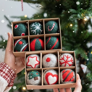 Christmas wool felt ball ornaments set with snowflake patterns in eco-friendly boxes