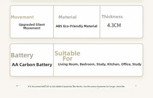 Specifications for silent wall clock showing ABS material, 4.3cm thickness, and battery guide