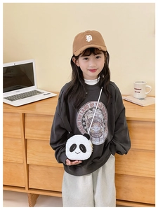 Kids plush panda crossbody bag styled with casual grey hoodie and baseball cap