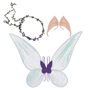 Fairy costume set with butterfly wings, floral wreath and pointed elf ears for cosplay