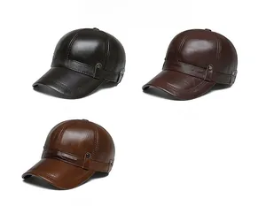 Three-color display of genuine leather newsboy caps in black, dark brown, and light brown