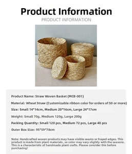 Detailed size chart for handmade round wheat straw boxes with natural woven texture