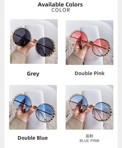 Close-up of round pearl-embellished sunglasses in four stylish gradient color lenses