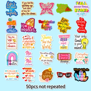 Set of 50 unique inspirational quote stickers for laptops and water bottles in a grid layout