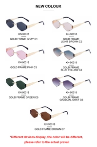 Collection of rimless hexagonal sunglasses featuring metal temples and gradient diamond-cut lenses