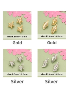 Detailed size comparison of gold and silver starfish and seashell charms for DIY jewelry making